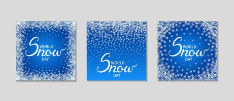 Snow day square poster set for Social media. Snow frame set on blue background. Snow lettering. Winter decoration text template. For social networks, postcards and greetings. Vector illustration