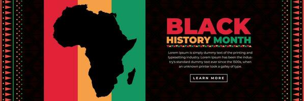 celebrar negro historia mes con un bandera presentando el africano bandera y mapa. panorámico sitio web antecedentes para negro conciencia día. plano vector ilustración.