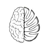 black and white illustration of brain combined with leaves vector