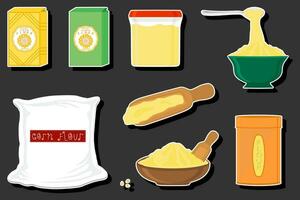 Illustration on theme big set different types dishware filled corn flour vector