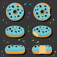 Illustration on theme big set different types sticky donuts, sweet doughnuts various size vector