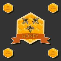 Illustration on theme for label of sugary flowing down honey in honeycomb with bee vector