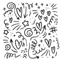 Abstract set of elements from squiggles, hearts, arrows in doodle style, hand drawn vector