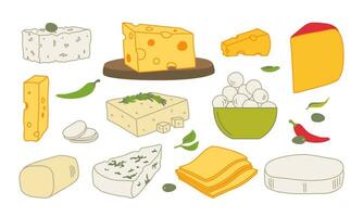 Set of pieces and slices of cheese isolated on a white background. Vector head of cheese in doodle linear style isolated on white background