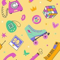 Retro 90's pattern. Various elements, objects in the style of the 90s on a yellow background. Vector illustration