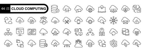 Cloud computing  editable stroke outline icon set. Cloud technology, server, web,  data center, connection network,  collection. Vector illustration.