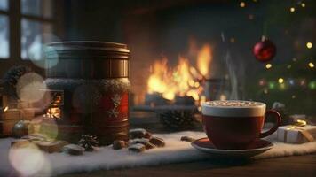 AI generated a cup of coffee and a fireplace with christmas decorations video
