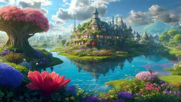 AI generated the fantasy village is surrounded by flowers and trees video