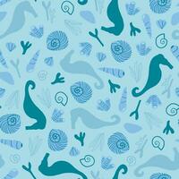 Seamless pattern with sea shells and sea horses. Sea life, ocean floor, underwater life objects. Travel, vacation, summer, beach, hand drawn repeat pattern for textile, paper design. vector