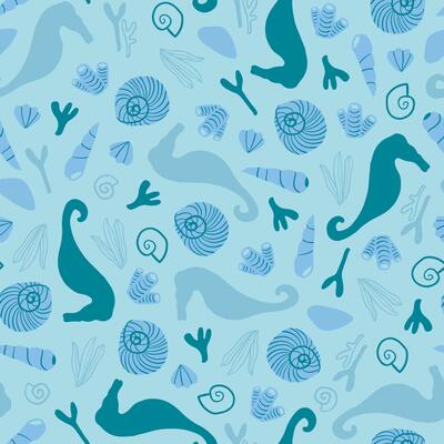 Seamless pattern with sea shells and sea horses. Sea life, ocean floor, underwater life objects. Travel, vacation, summer, beach, hand drawn repeat pattern for textile, paper design.