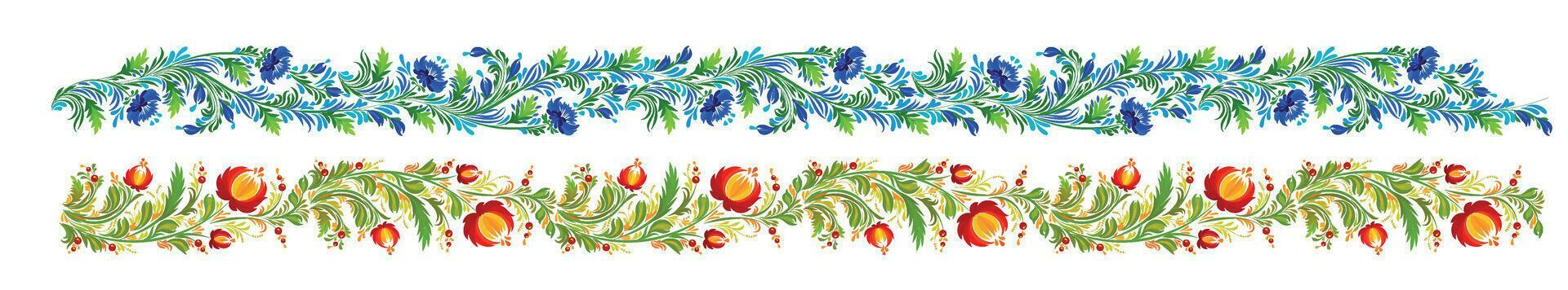 Seamless borders in vector. Ukrainian art Petrikivka. Colorful abstract flowers