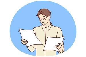 Concentrated man office worker holding two sheets of paper in hands reading report. Vector image