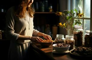 AI generated Dedicated Woman making granola bars with nuts at table. Generate Ai photo