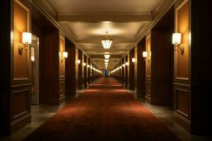 AI generated Interior long hotel corridor. Generate Ai photo