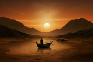 AI generated Stranded Man boat desert. Generate Ai photo