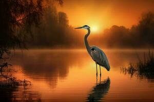 AI generated Golden Heron lake sunset. Generate Ai photo