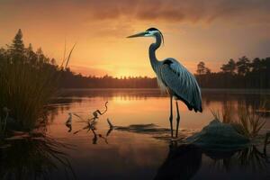 AI generated Mesmerizing Heron lake sunset. Generate Ai photo