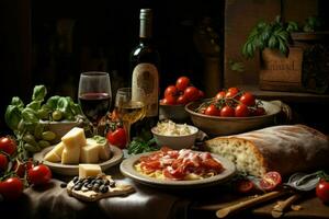 AI generated Sumptuous Italian food full table. Generate Ai photo