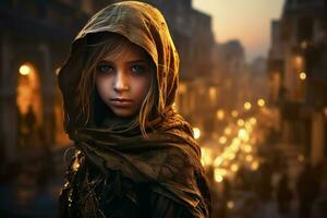 AI generated Resilient Hooded warrior girl. Generate Ai photo