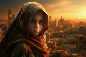 AI generated Mysterious Hooded warrior girl. Generate Ai photo