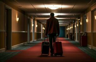 AI generated Stylish Man suitcase luggage in hotel. Generate Ai photo