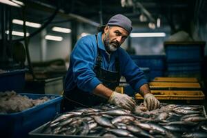 ai generado robusto hombre Mariscos bote. generar ai foto