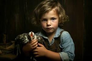 ai generado pequeño niña con pollo. generar ai foto