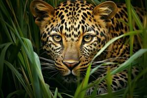 AI generated Leopard field grass animal. Generate Ai photo