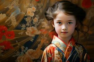 ai generado pequeño linda niña japonés kimono. generar ai foto