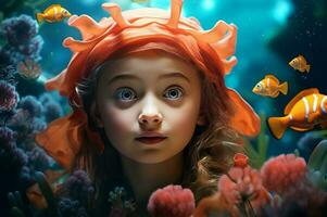AI generated Little girl undersea world. Generate AI photo