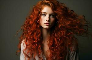 AI generated Artistic Long curly red hair girl. Generate Ai photo