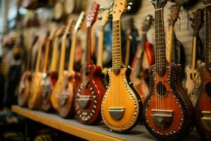 AI generated Handcrafted Local wooden music instruments. Generate ai photo
