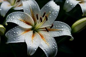 AI generated Sparkling Lily flower water drops. Generate Ai photo