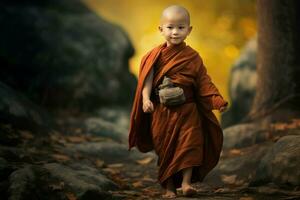 AI generated Contemplative Little asian monk. Generate Ai photo