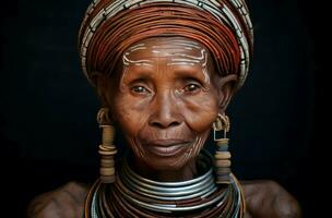 ai generado sabio largo cuello mayor tribal mujer. generar ai foto