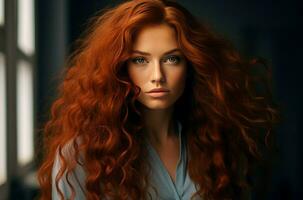 AI generated Vivacious Long curly red hair girl. Generate Ai photo