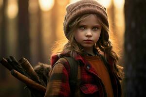 AI generated Robust Lumberjack child girl forest. Generate Ai photo