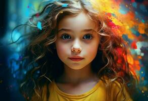 AI generated Cheerful Little girl in colorful dress. Generate ai photo