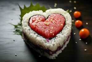 AI generated Heart shaped sushi. Generate Ai photo