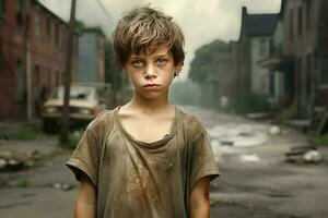 AI generated Little boy standing in poor neighborhood. Generate ai photo