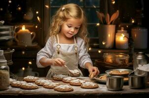 ai generado Encantado pequeño niña horneando galletas. generar ai foto