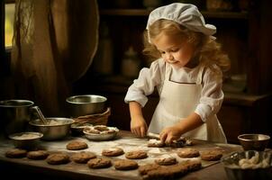 ai generado industrioso pequeño niña horneando galletas. generar ai foto