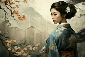 ai generado japonés mujer kimono jardín. generar ai foto
