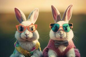 AI generated Bunnies in quirky costumes. Generate ai photo