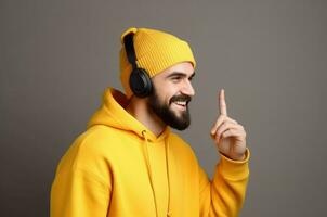 AI generated Portrait side view man in yellow with headphones. Generate Ai photo