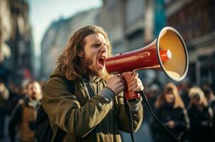 AI generated Loud Man megaphone protest. Generate Ai photo