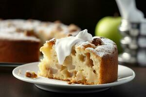 ai generado manzana pastel rebanada con azotado crema. generar ai foto