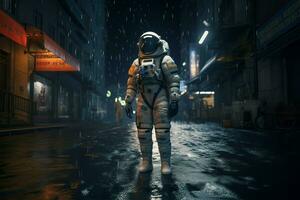 AI generated Astronaut walks on dark city street. Generate ai photo