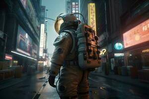 AI generated Astronaut walks in urban nighttime. Generate ai photo