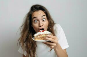 ai generado gracioso mujer blogger comiendo pastel. generar ai foto